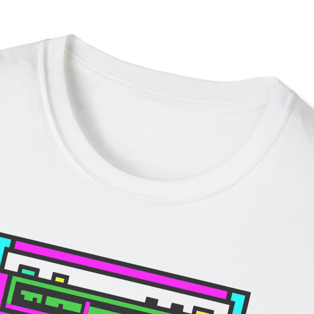 Retro Boombox T-Shirt — Neon 80s Pixel Art Graphic Tee