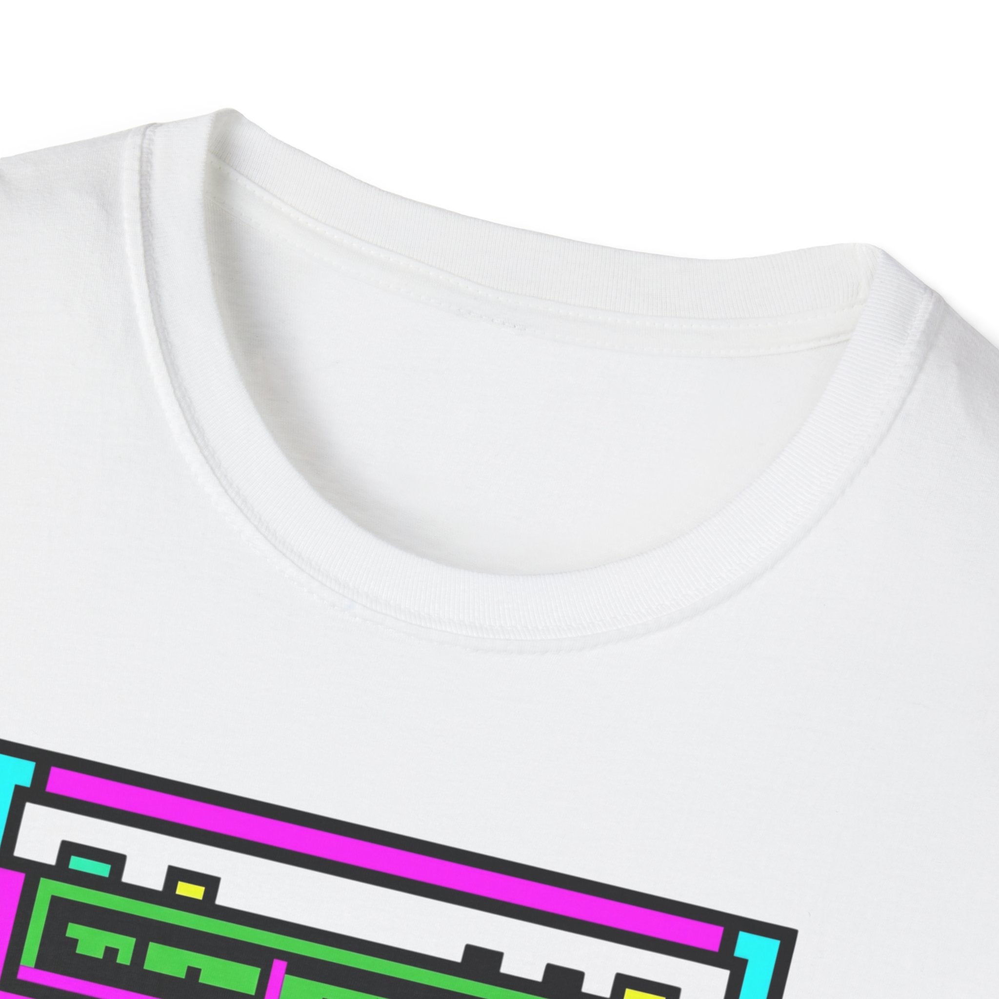 Retro Boombox T-Shirt — Neon 80s Pixel Art Graphic Tee