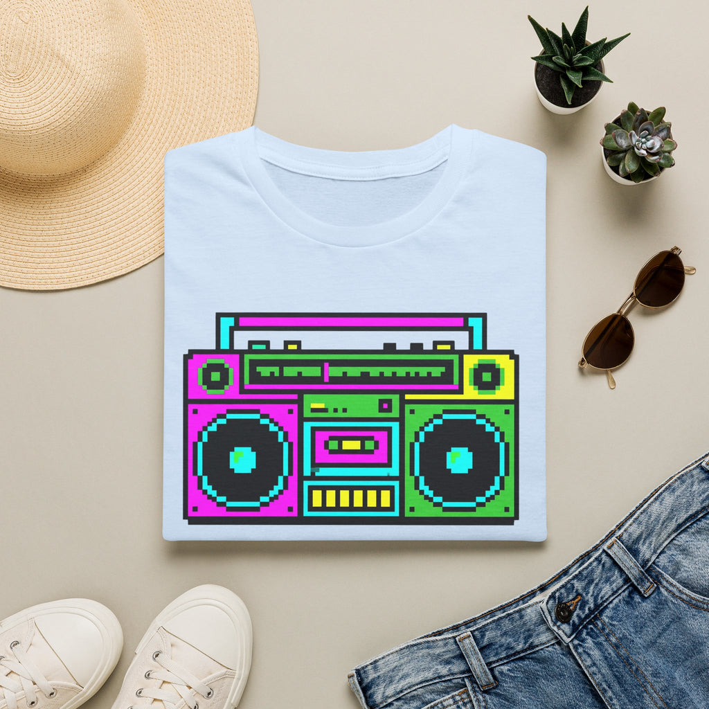 Retro Boombox T-Shirt — Neon 80s Pixel Art Graphic Tee