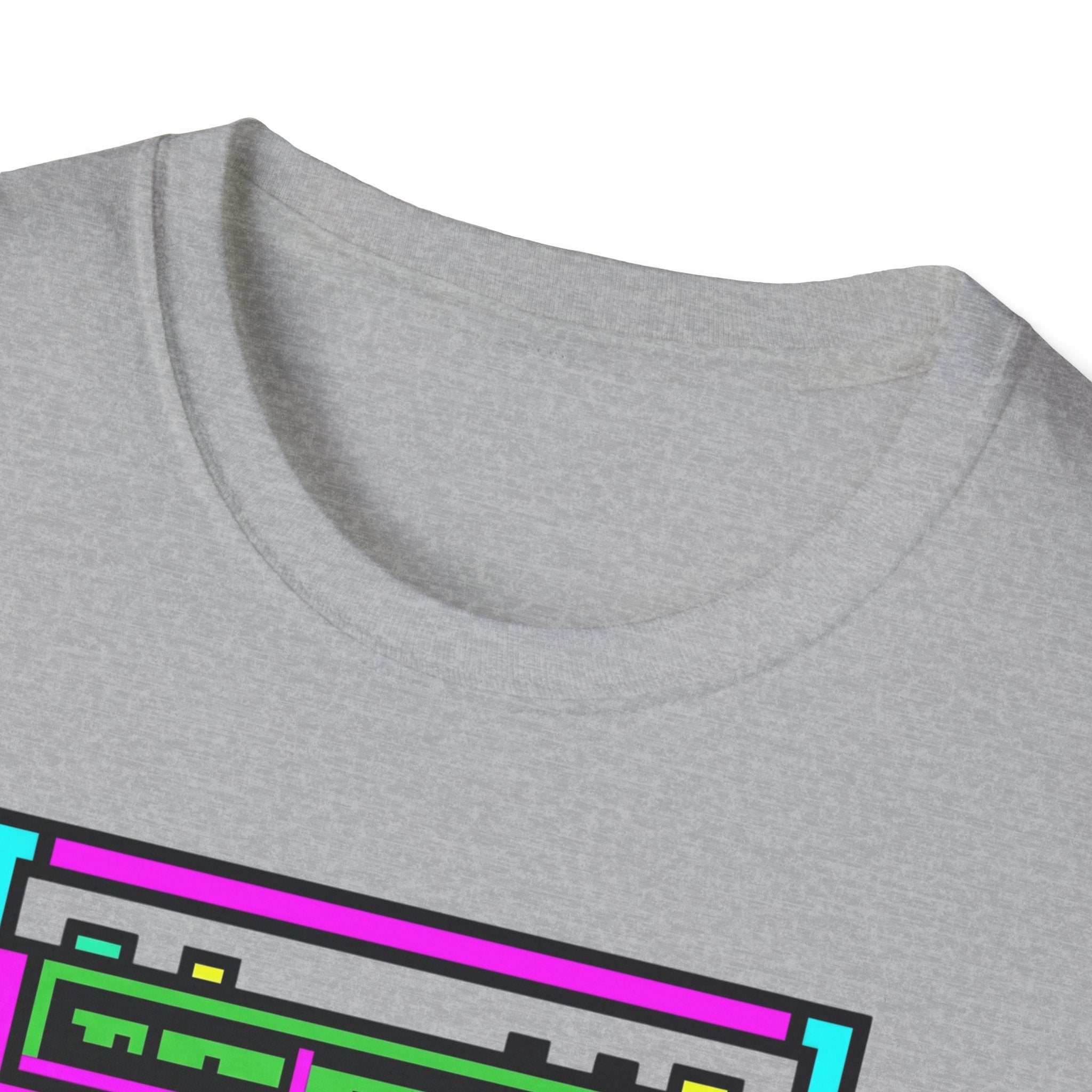 Retro Boombox T-Shirt — Neon 80s Pixel Art Graphic Tee
