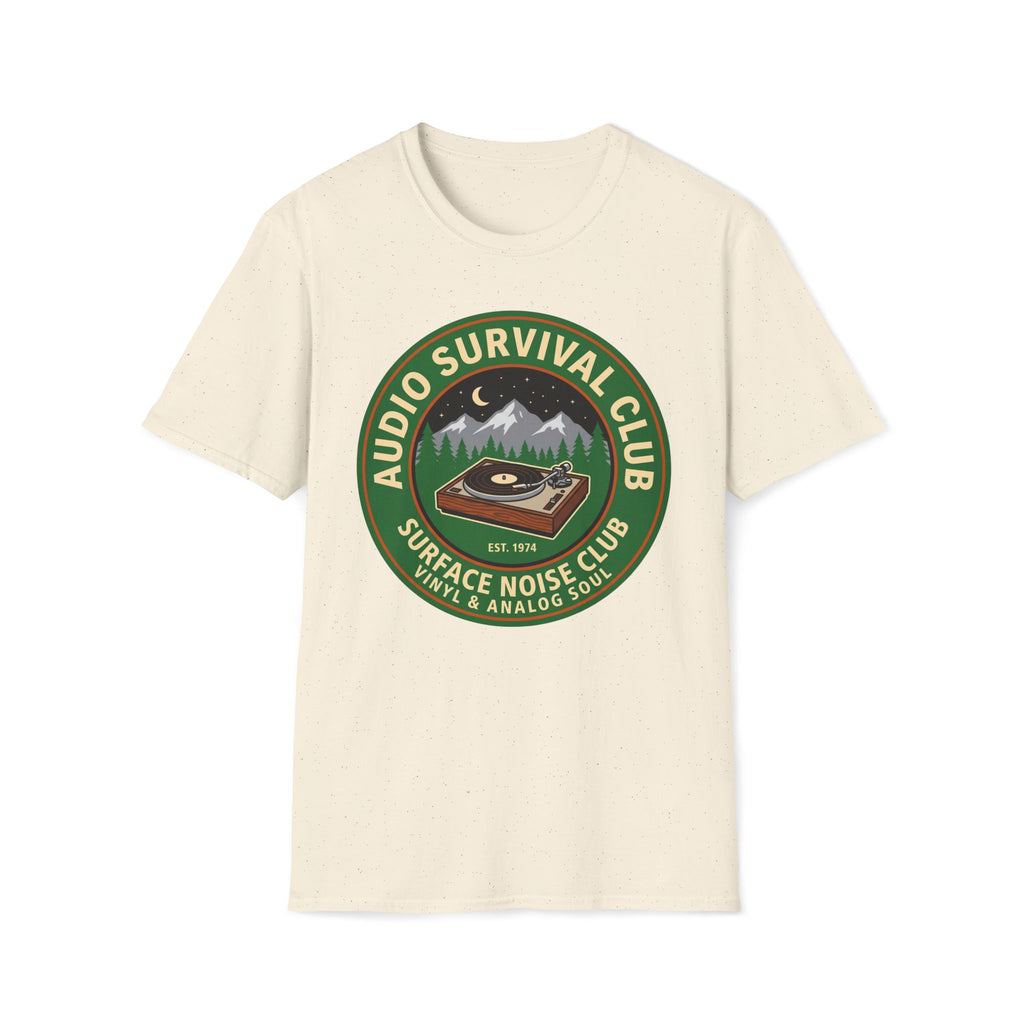 Audio Survival Club T-Shirt — Retro Turntable Camping Badge