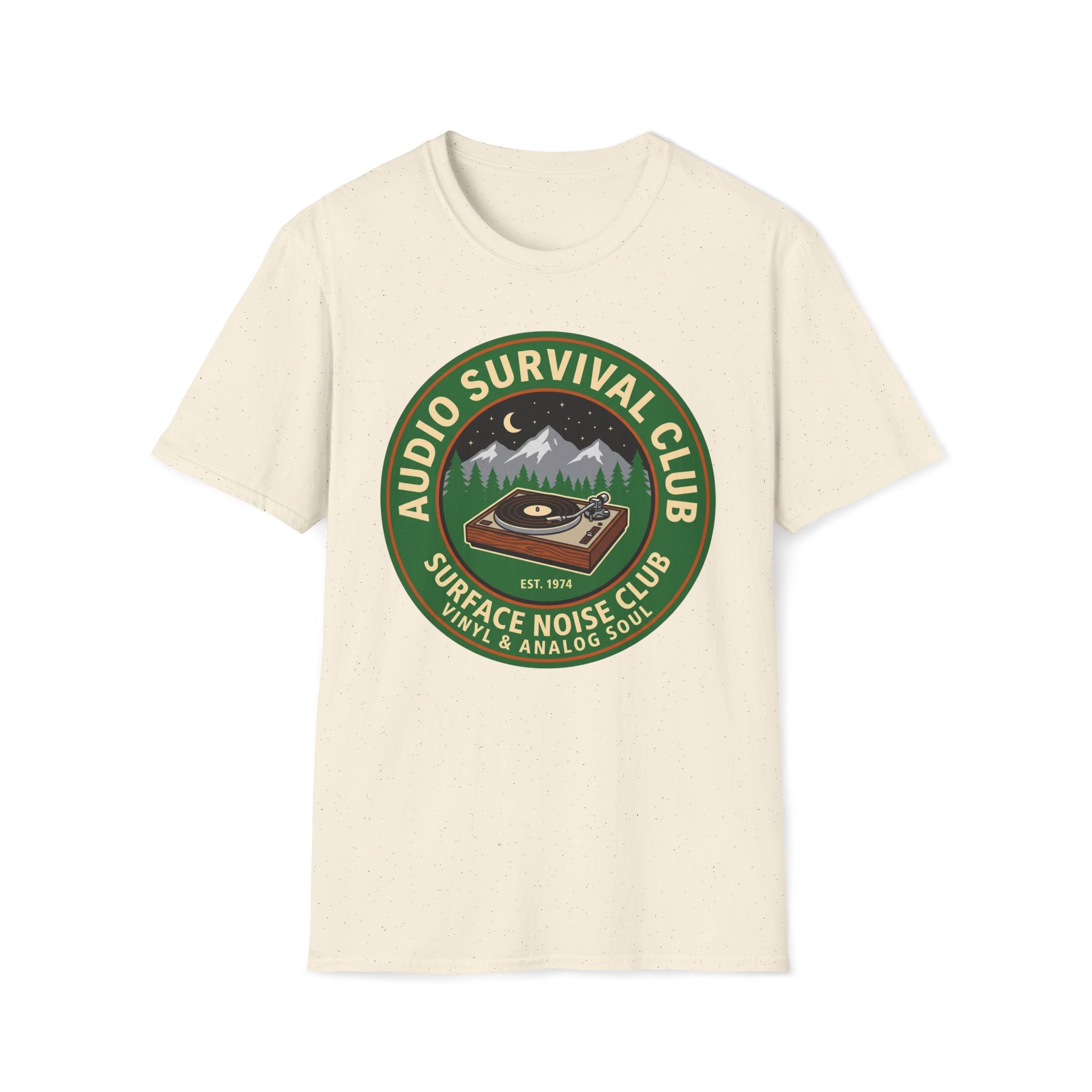 Audio Survival Club T-Shirt — Retro Turntable Camping Badge