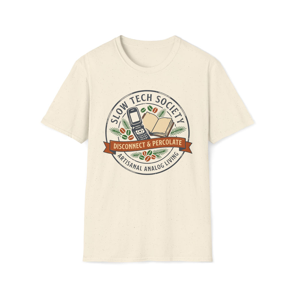 Slow Tech Society T-Shirt — “Disconnect & Percolate” Retro Analog Living Tee