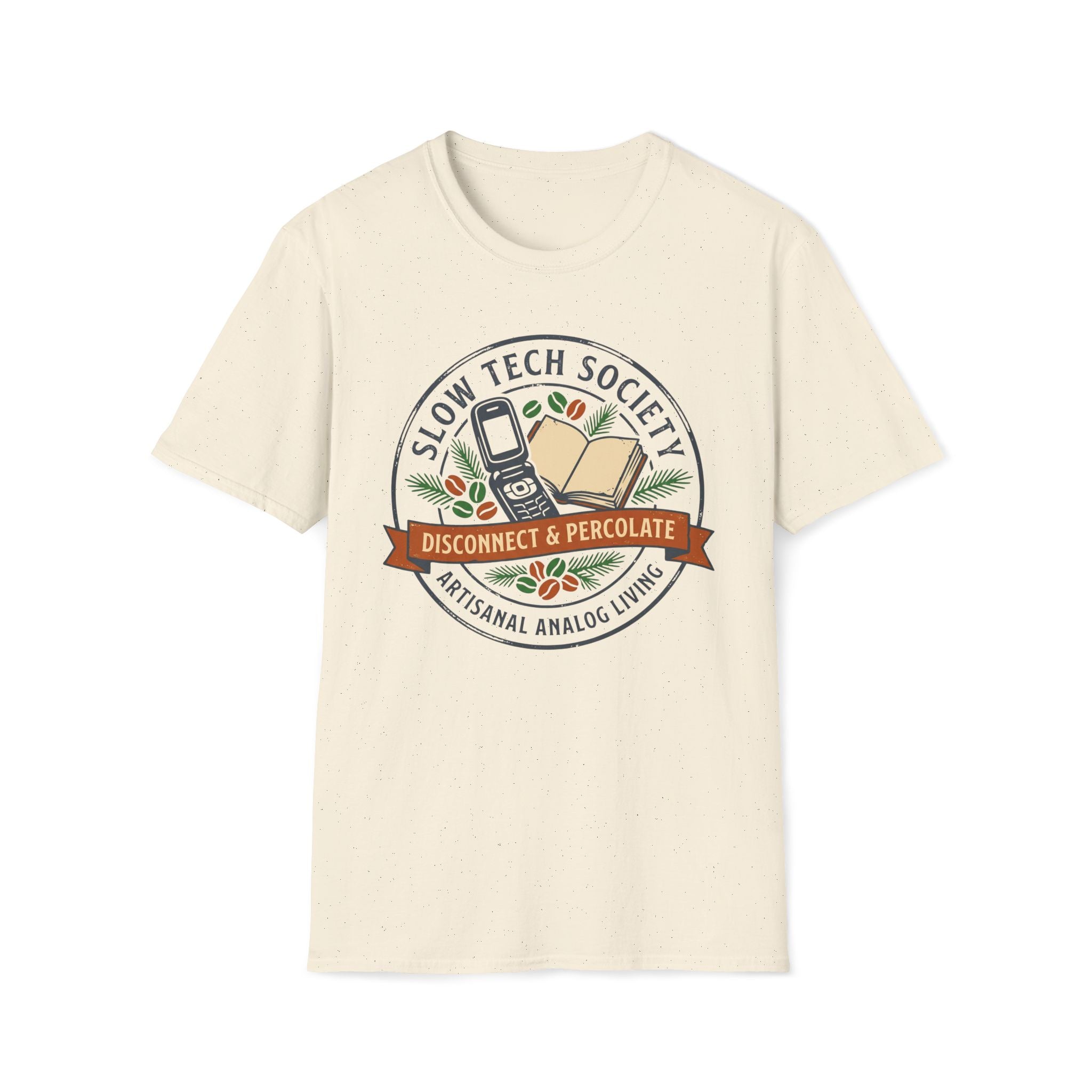 Slow Tech Society T-Shirt — “Disconnect & Percolate” Retro Analog Living Tee