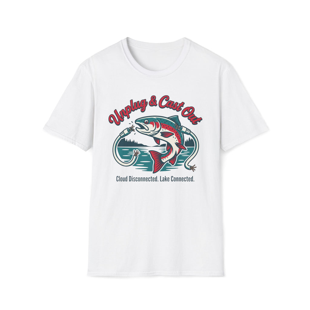 Fishing T-Shirt — "Unplug & Cast Out" Retro Trout Graphic Tee