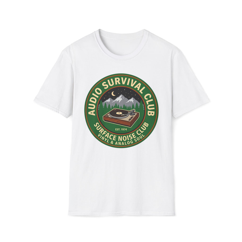Audio Survival Club T-Shirt — Retro Turntable Camping Badge