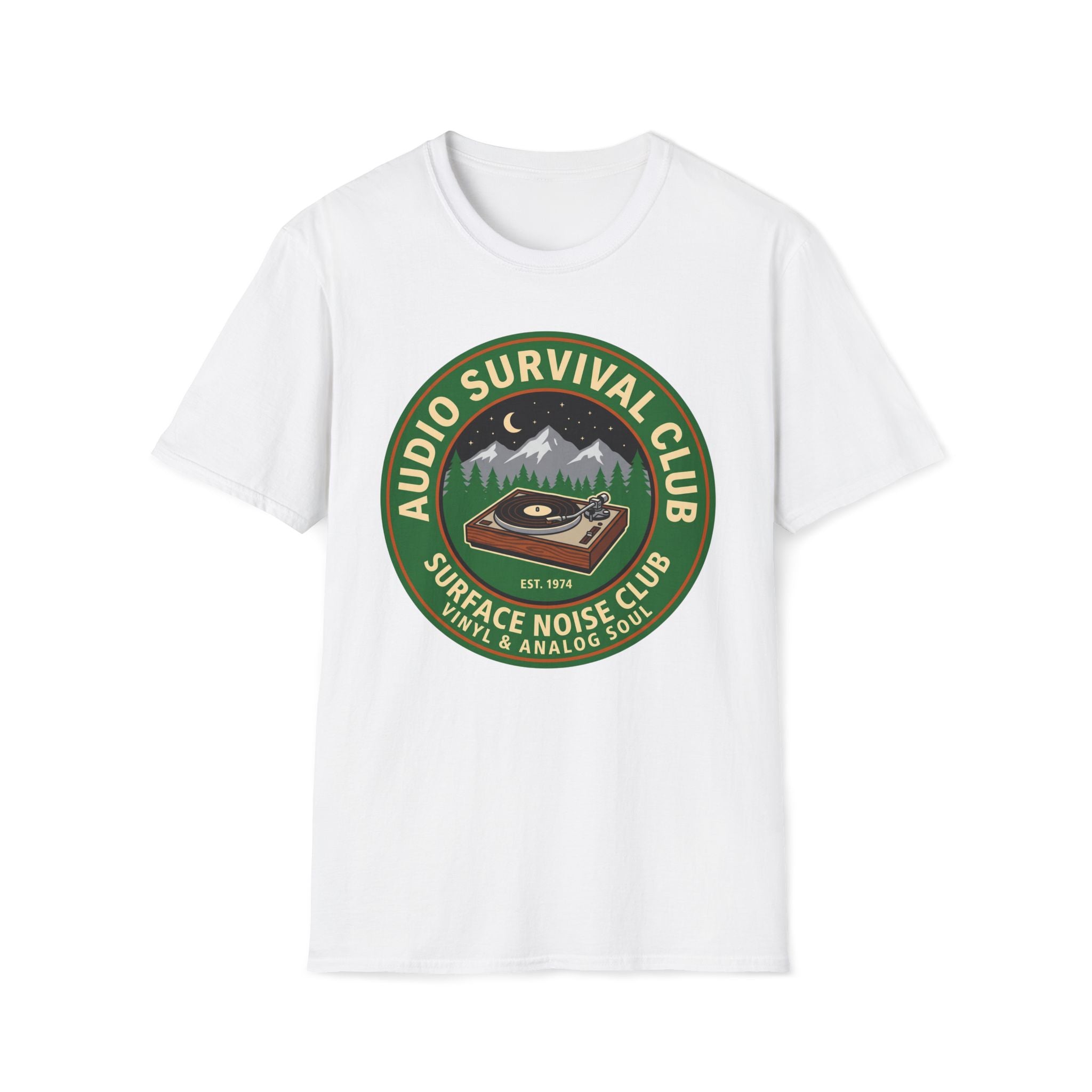 Audio Survival Club T-Shirt — Retro Turntable Camping Badge