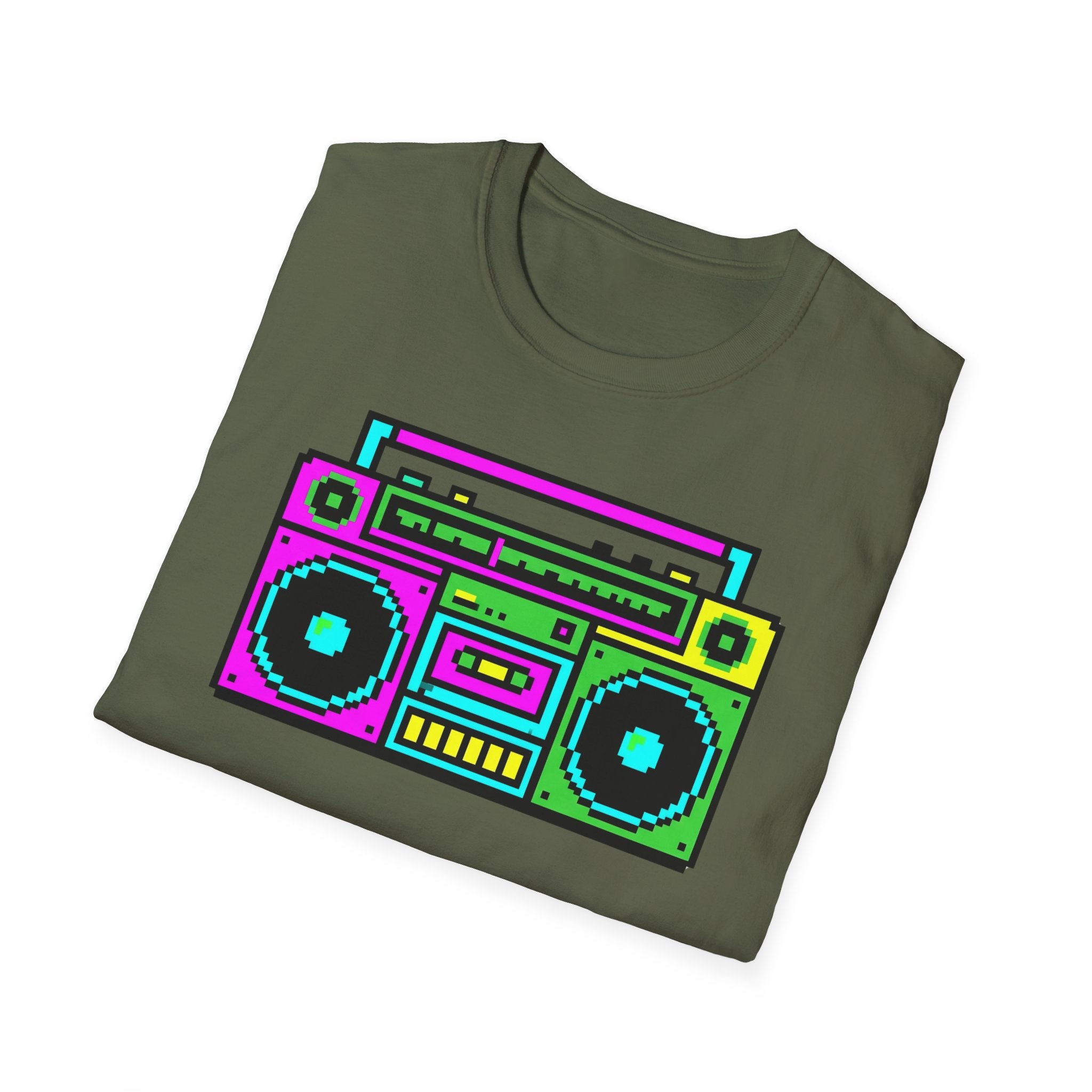 Retro Boombox T-Shirt — Neon 80s Pixel Art Graphic Tee