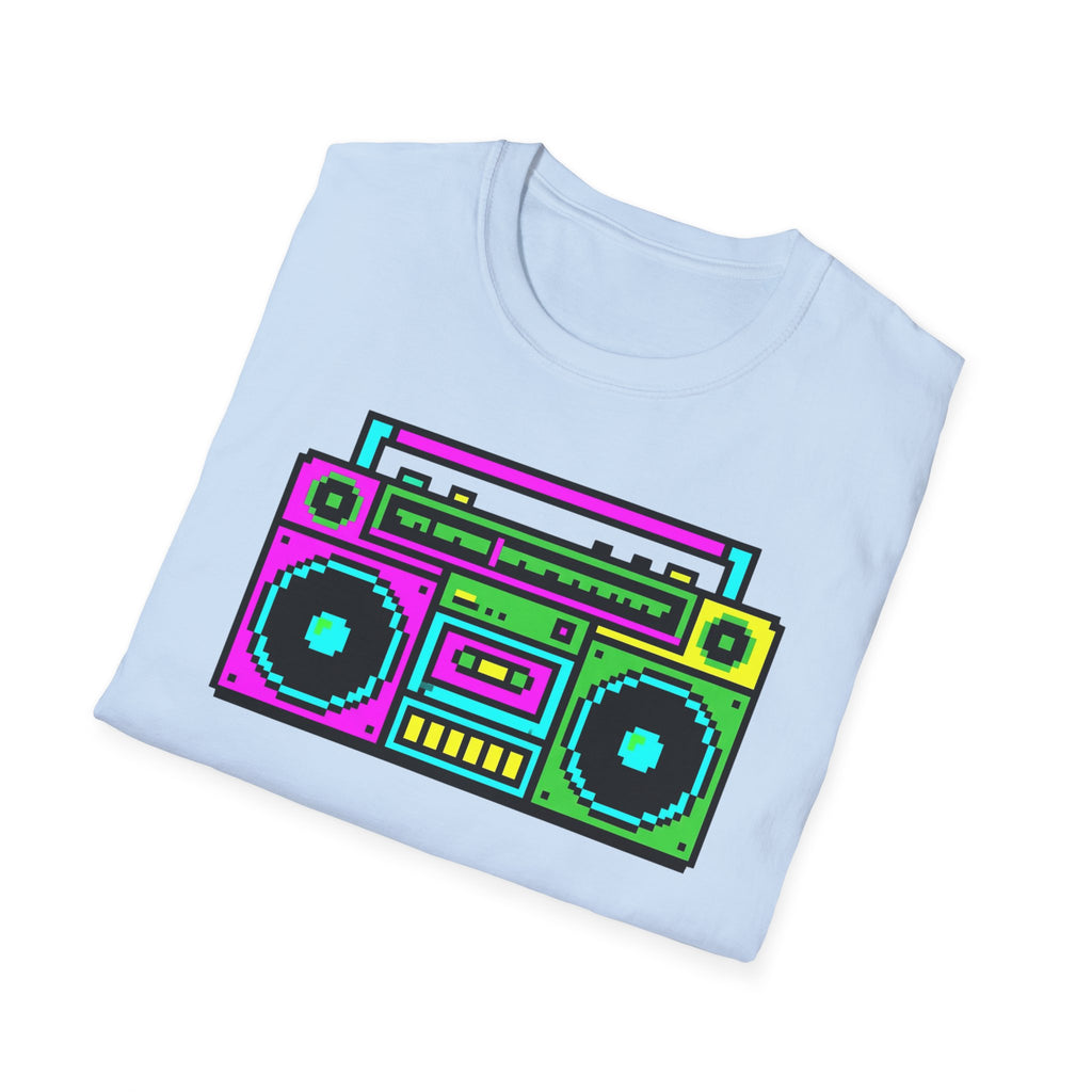 Retro Boombox T-Shirt — Neon 80s Pixel Art Graphic Tee