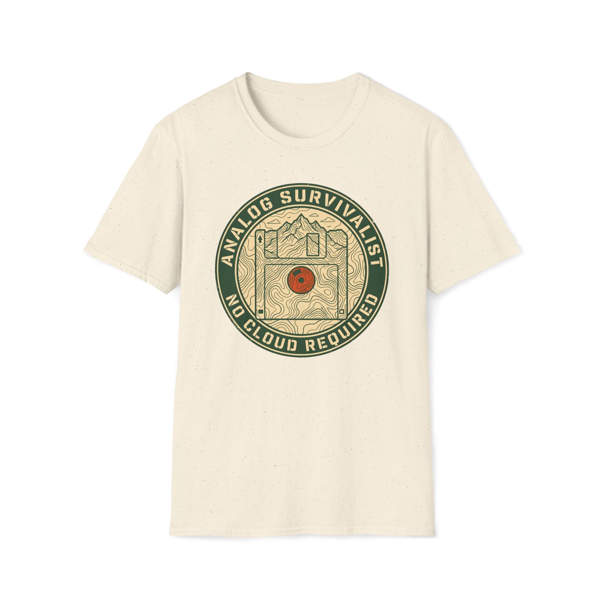 Analog Survivalist T-Shirt — Vintage Outdoor Hiking Record Player Design (No Cloud Required)
