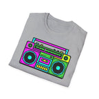 Retro Boombox T-Shirt — Neon 80s Pixel Art Graphic Tee