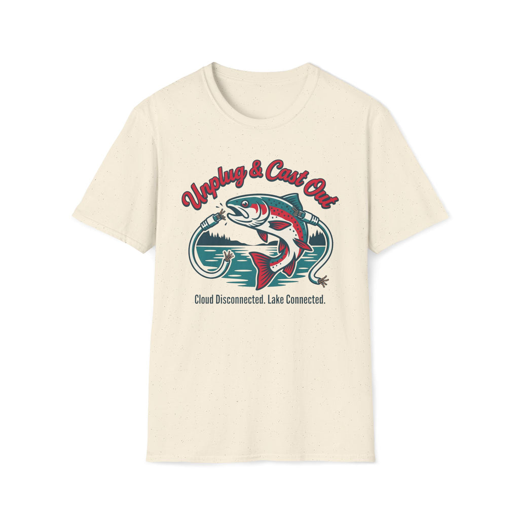 Fishing T-Shirt — "Unplug & Cast Out" Retro Trout Graphic Tee