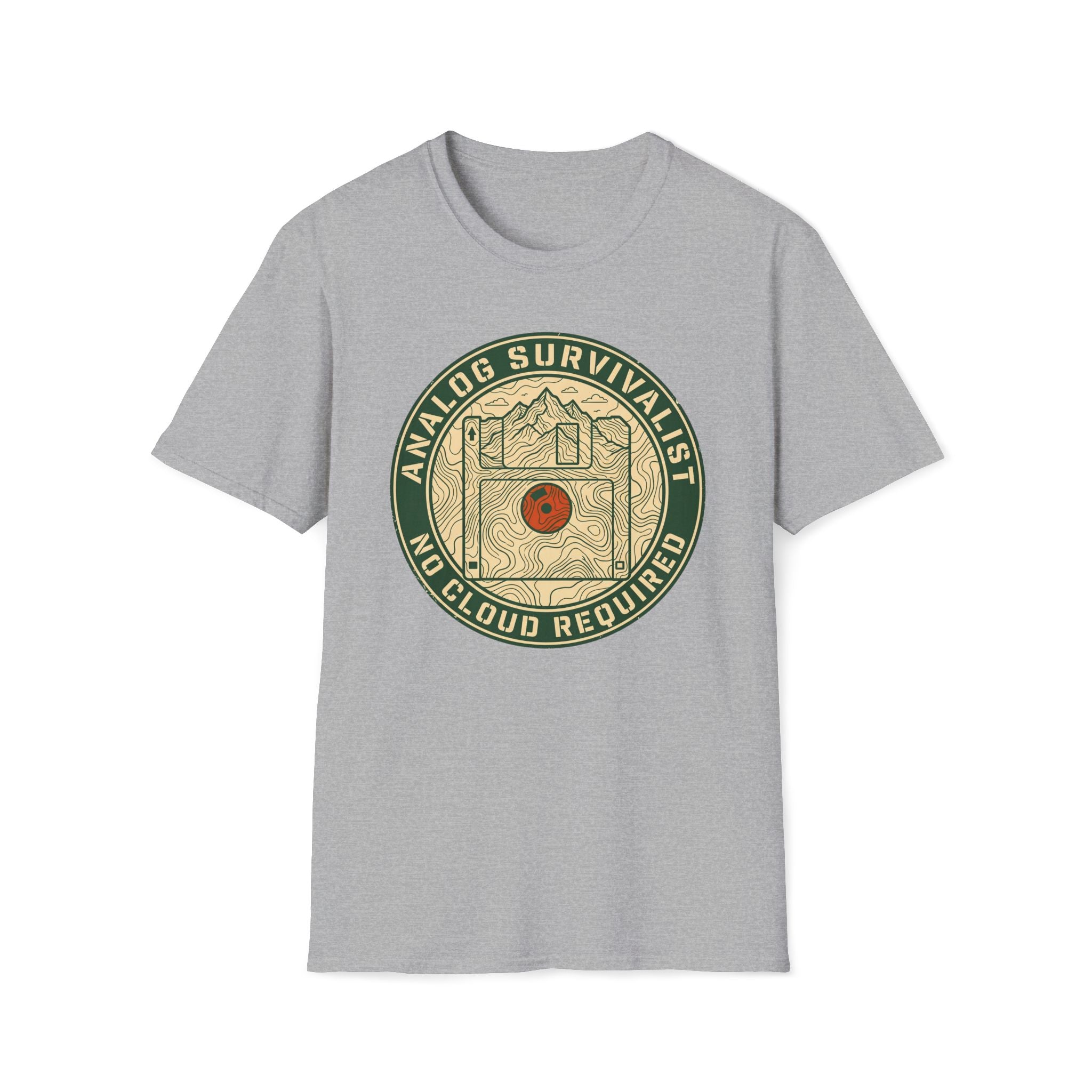 Analog Survivalist T-Shirt — Vintage Outdoor Hiking Record Player Design (No Cloud Required)