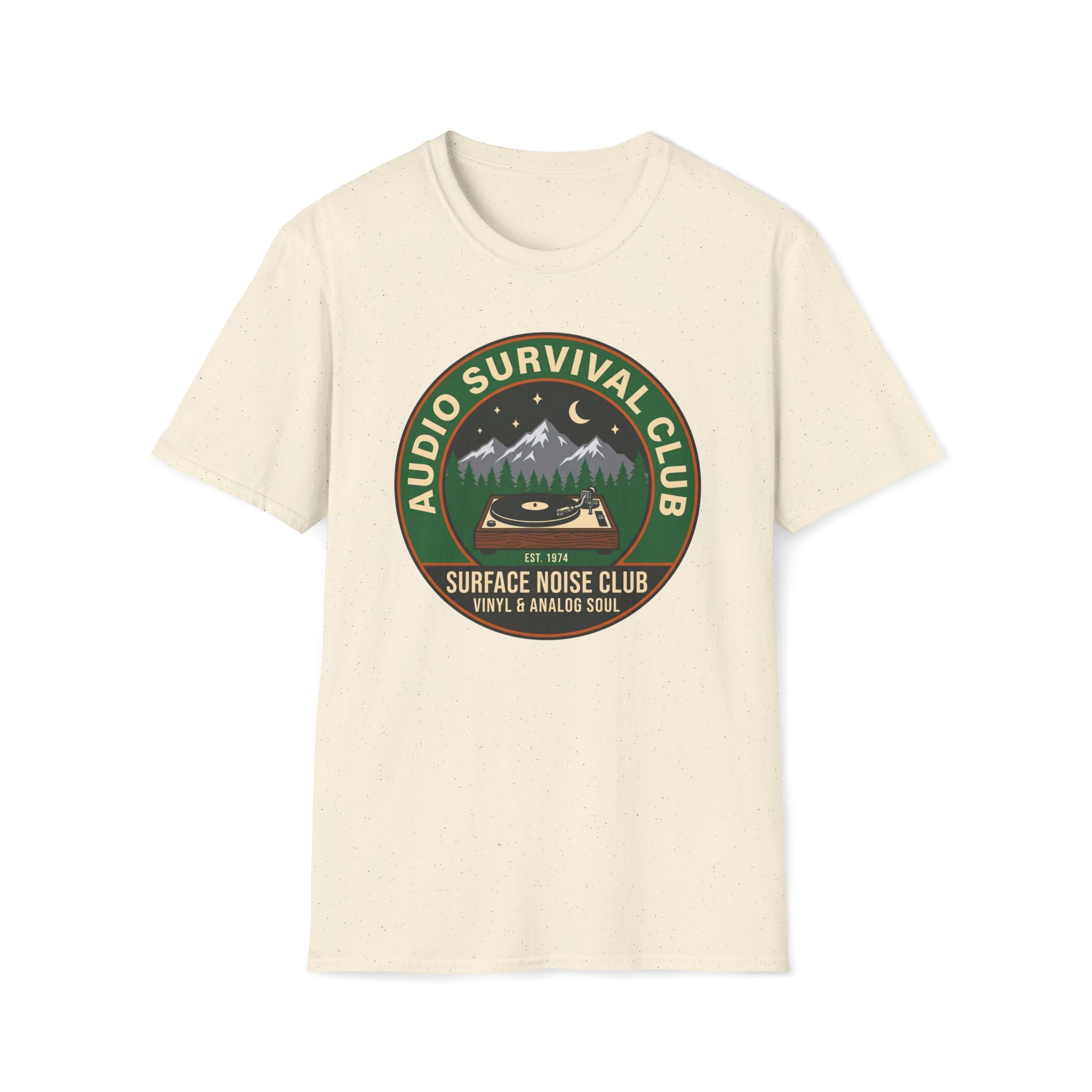 Audio Survival Club T‑Shirt — Retro Mountain Turntable Graphic