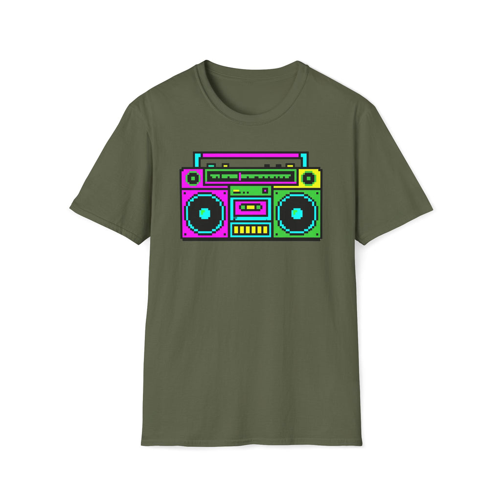 Retro Boombox T-Shirt — Neon 80s Pixel Art Graphic Tee