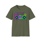 Retro Boombox T-Shirt — Neon 80s Pixel Art Graphic Tee