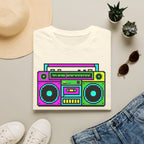Retro Boombox T-Shirt — Neon 80s Pixel Art Graphic Tee