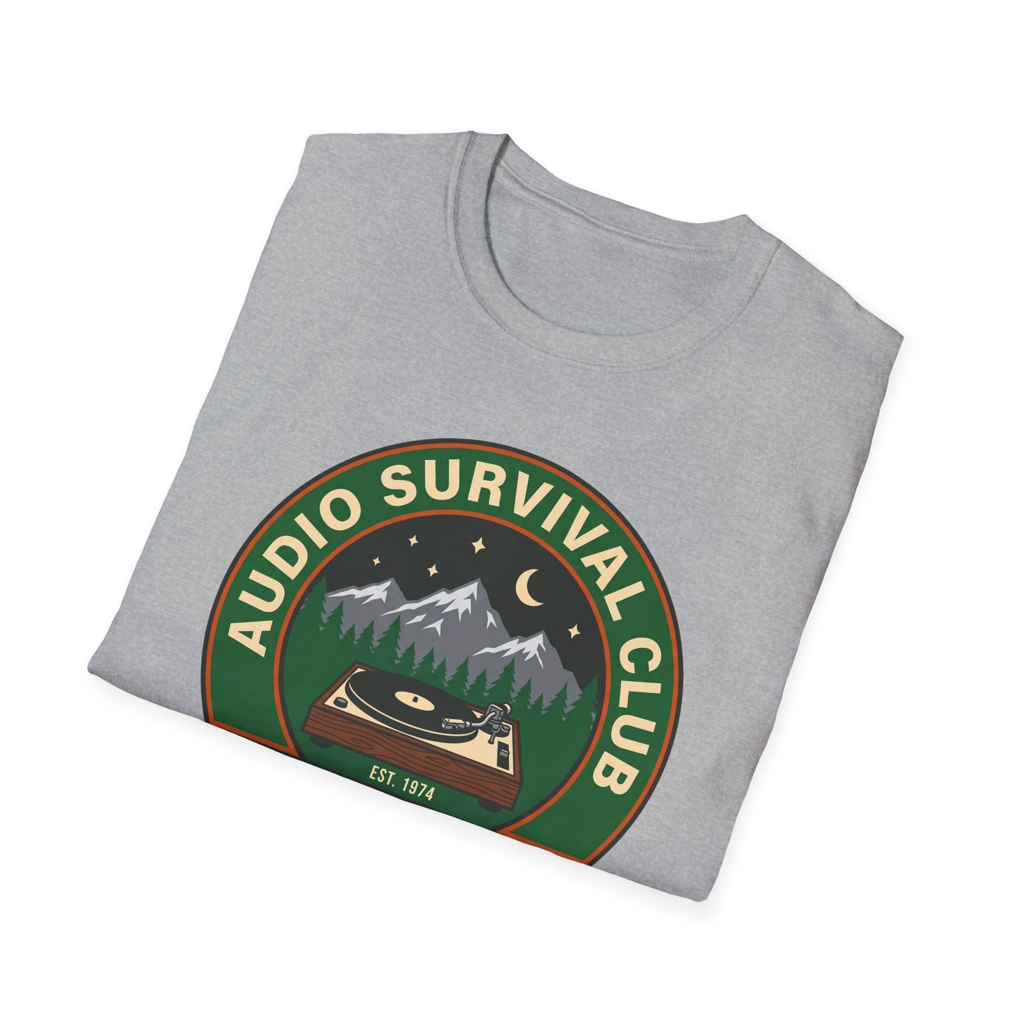 Audio Survival Club T‑Shirt — Retro Mountain Turntable Graphic