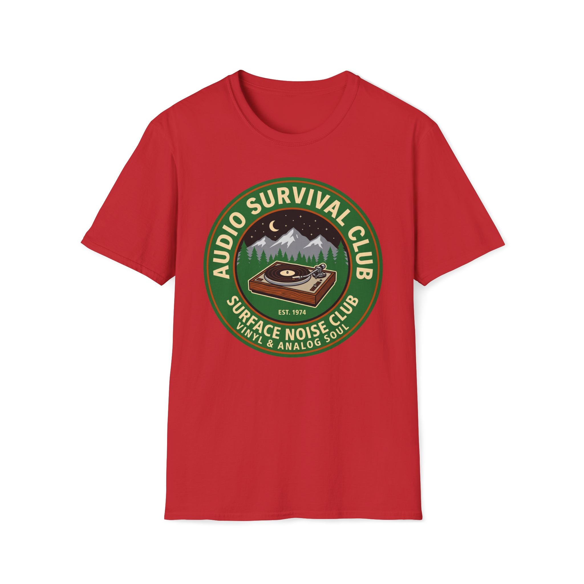 Audio Survival Club T-Shirt — Retro Turntable Camping Badge