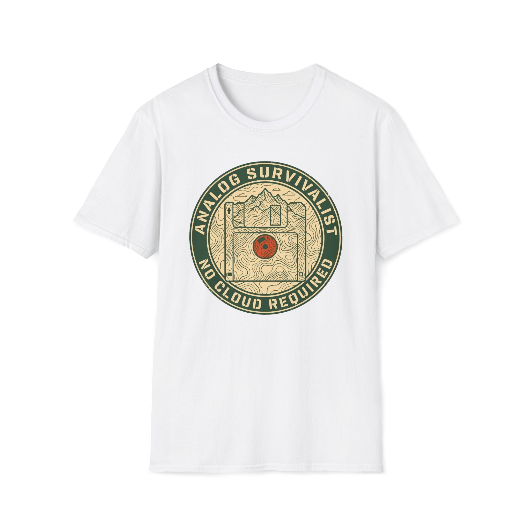 Analog Survivalist T-Shirt — Vintage Outdoor Hiking Record Player Design (No Cloud Required)