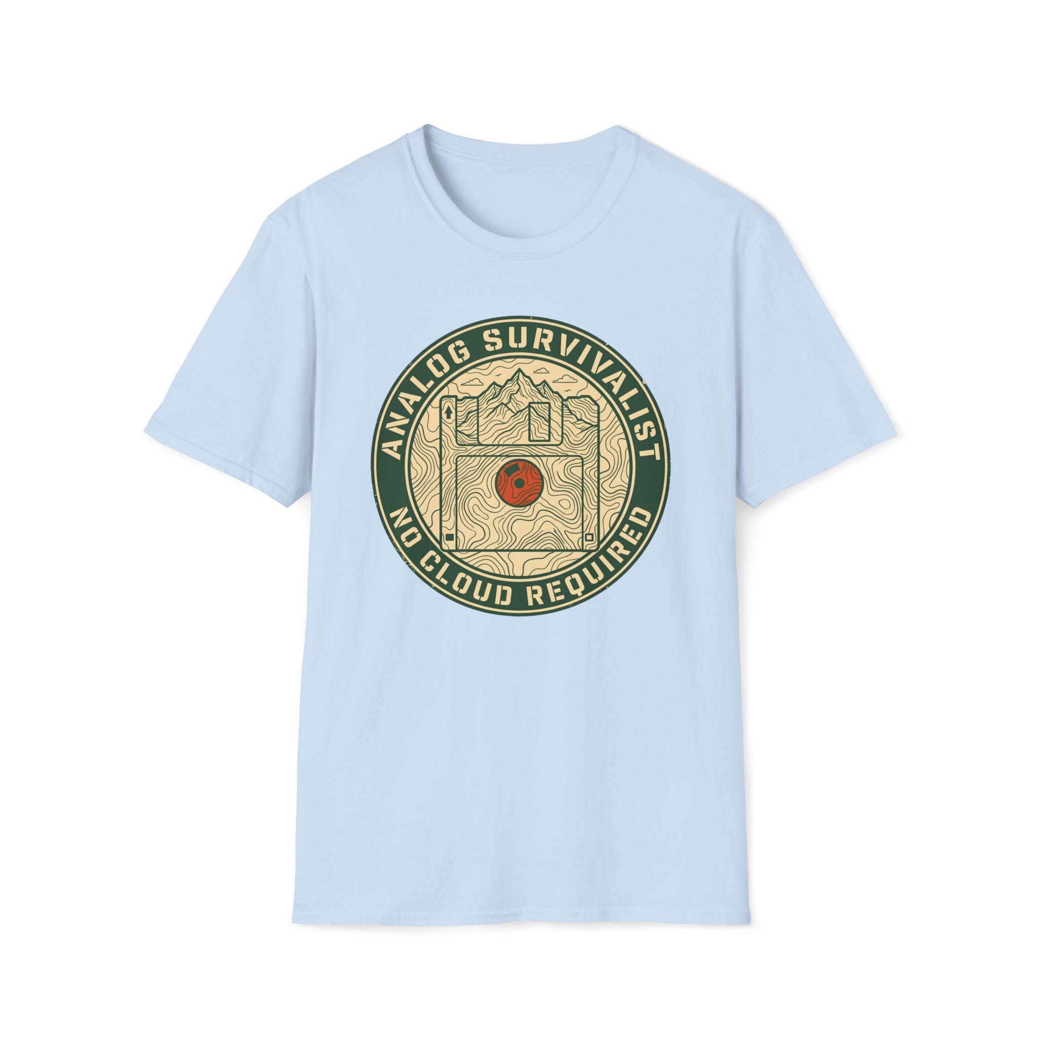 Analog Survivalist T-Shirt — Vintage Outdoor Hiking Record Player Design (No Cloud Required)