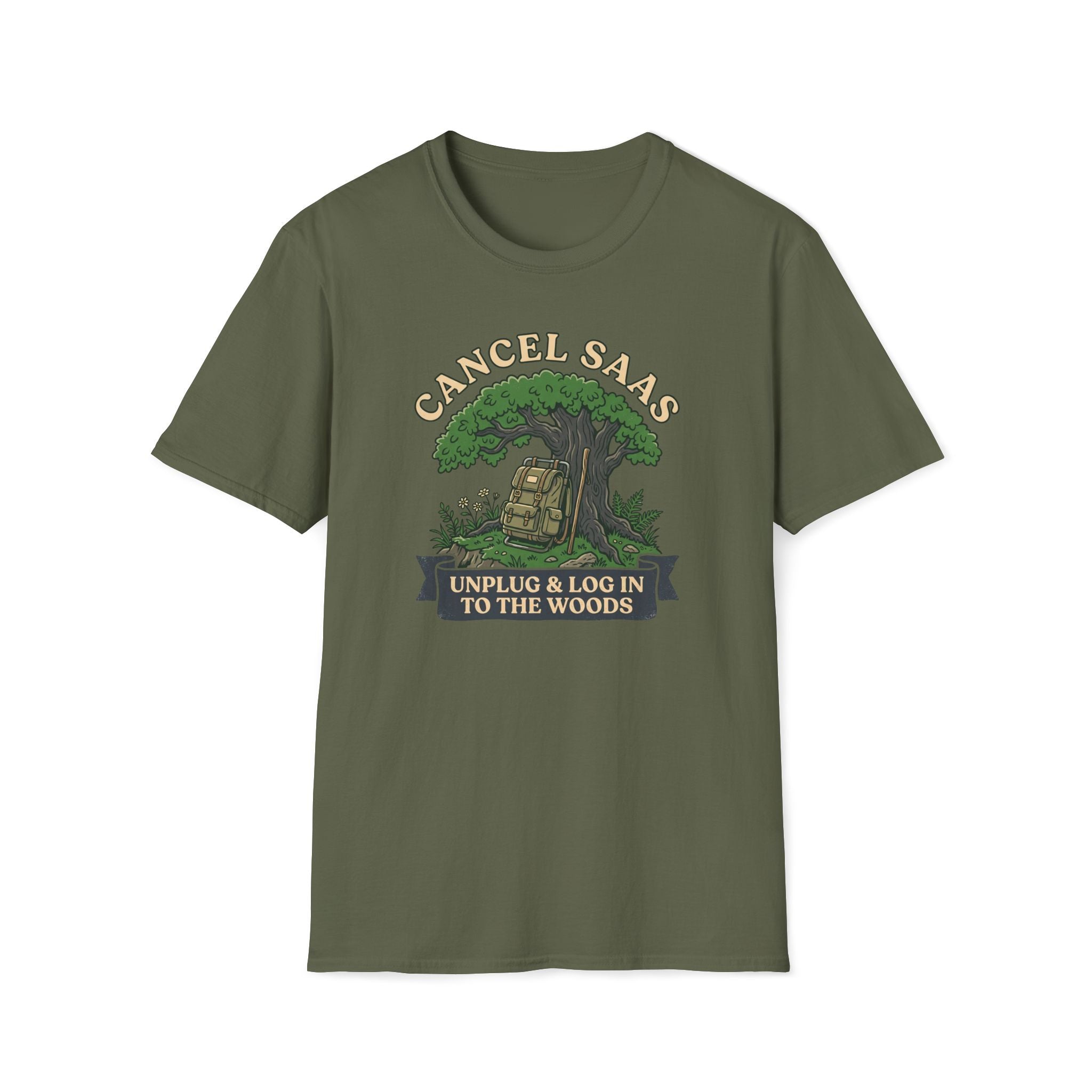 Cancel SaaS T-Shirt — "Unplug & Log In to the Woods" Outdoor Tech Detox Tee
