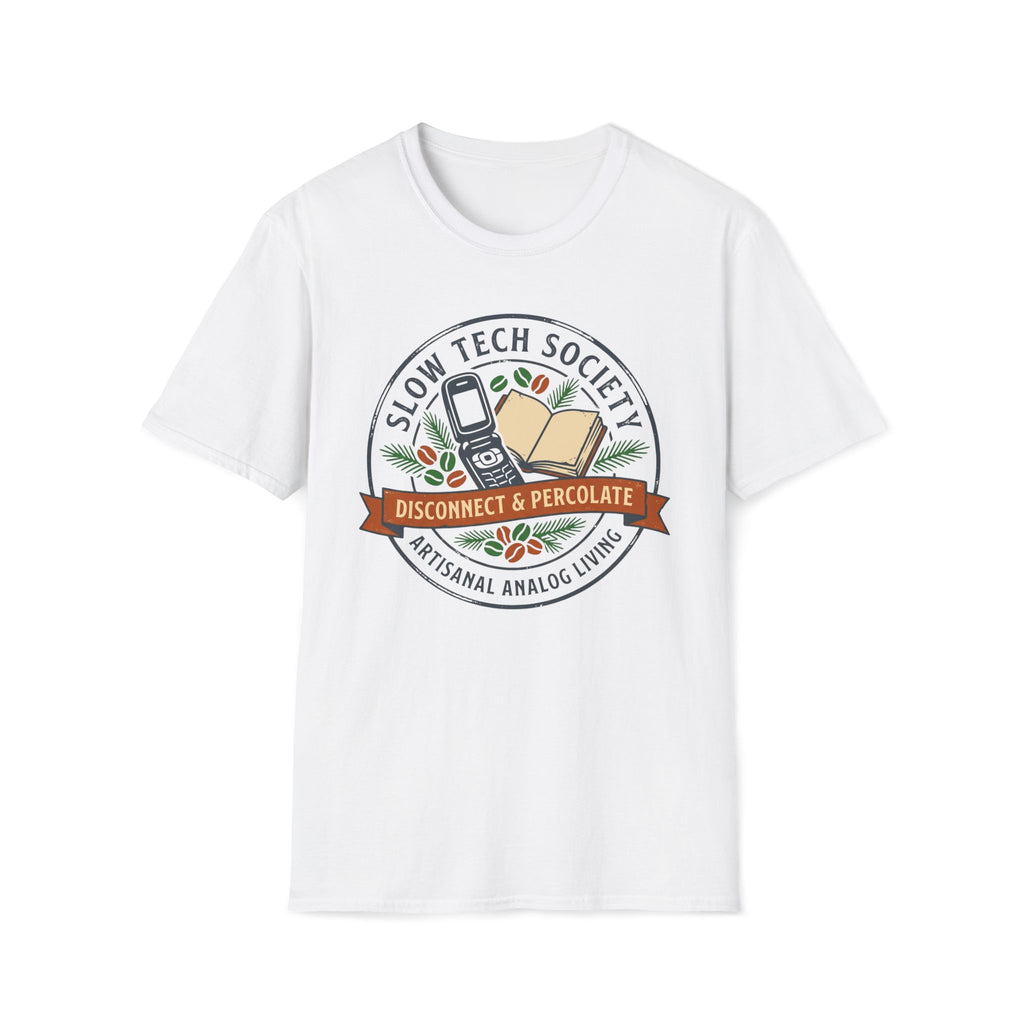 Slow Tech Society T-Shirt — “Disconnect & Percolate” Retro Analog Living Tee