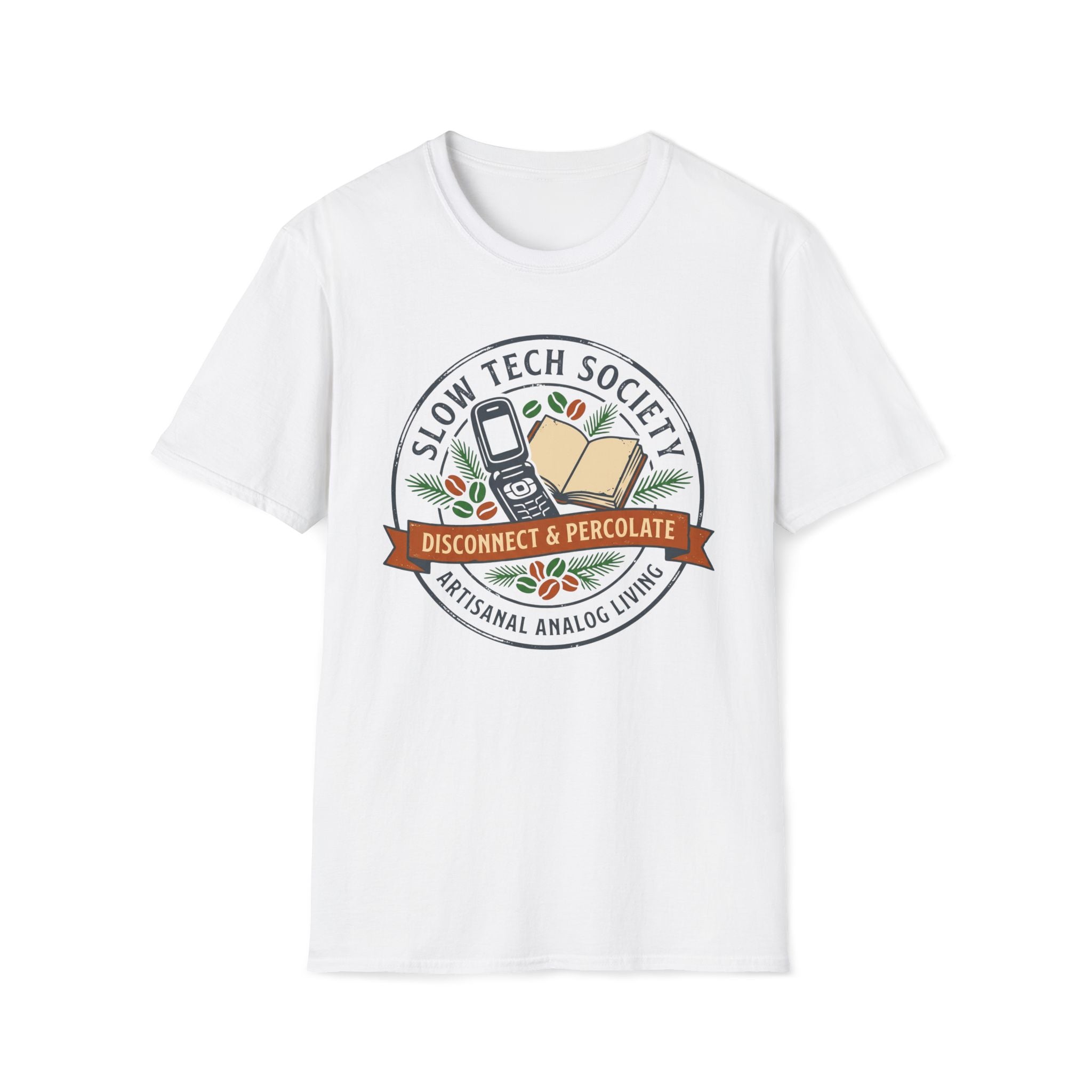 Slow Tech Society T-Shirt — “Disconnect & Percolate” Retro Analog Living Tee