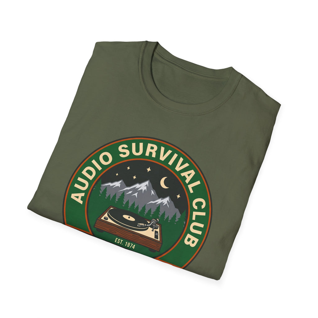 Audio Survival Club T‑Shirt — Retro Mountain Turntable Graphic
