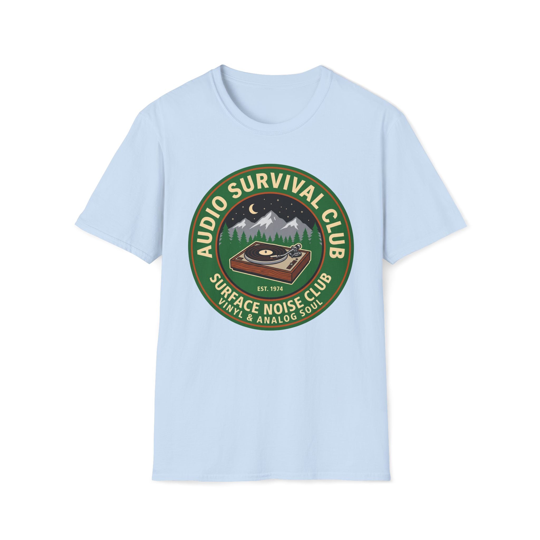Audio Survival Club T-Shirt — Retro Turntable Camping Badge