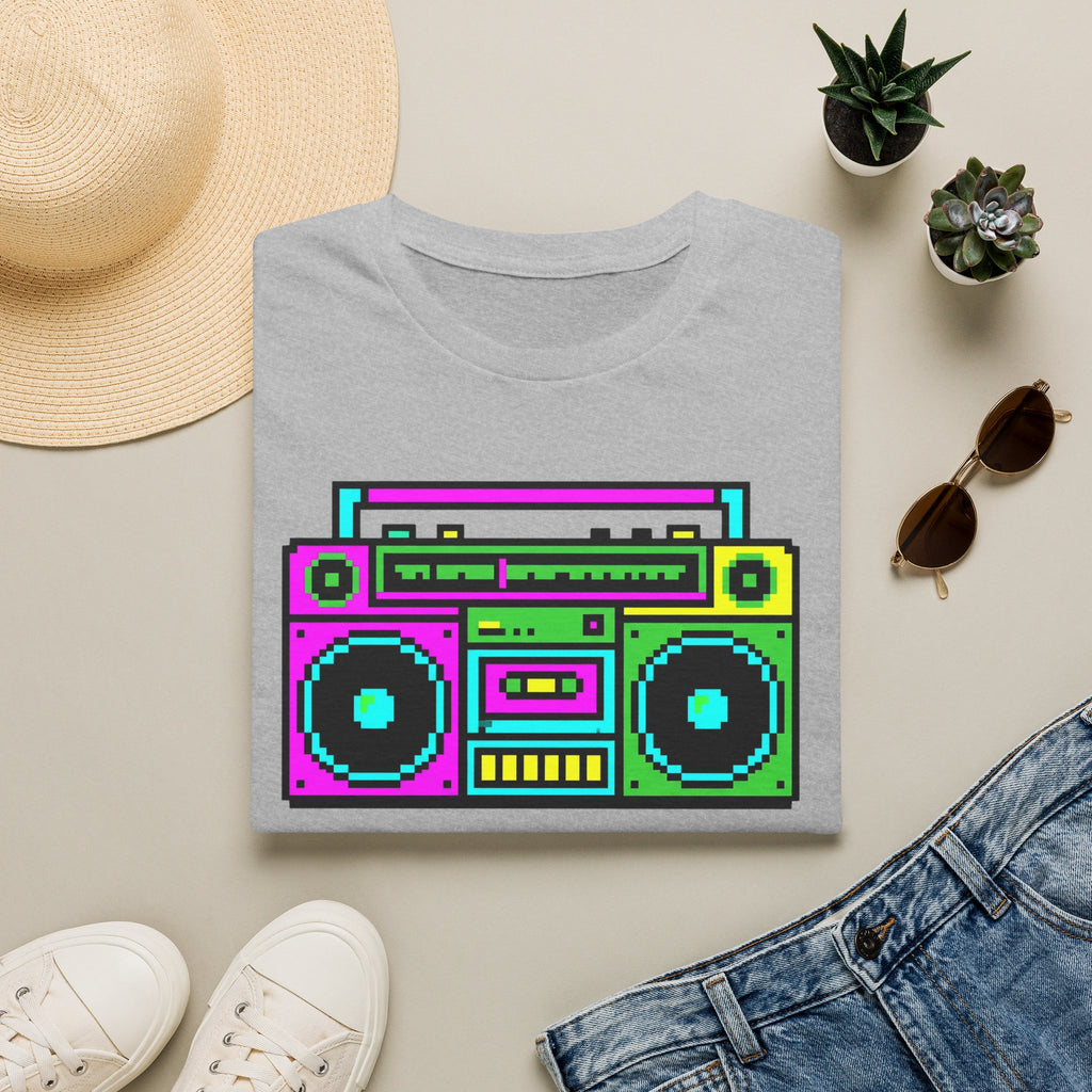 Retro Boombox T-Shirt — Neon 80s Pixel Art Graphic Tee