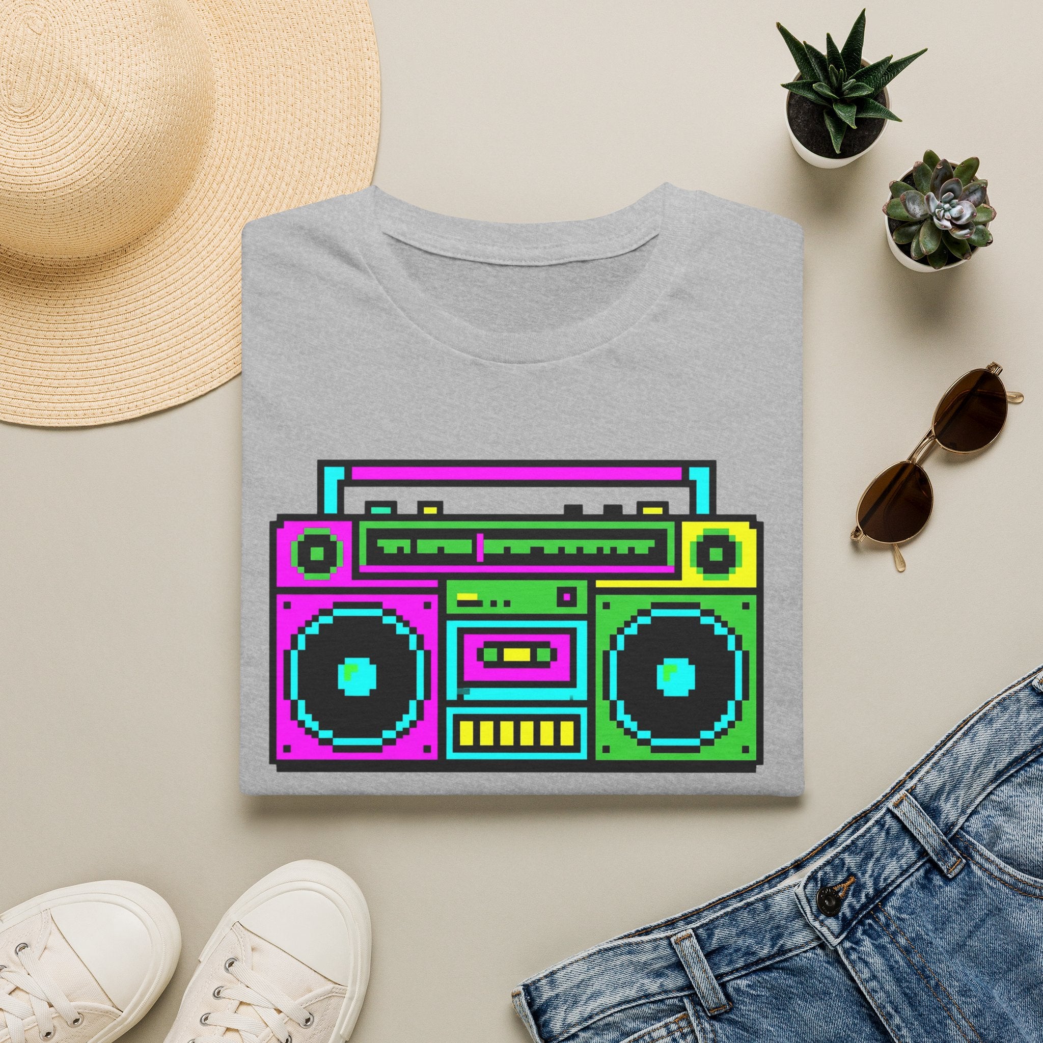 Retro Boombox T-Shirt — Neon 80s Pixel Art Graphic Tee