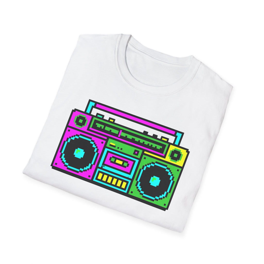 Retro Boombox T-Shirt — Neon 80s Pixel Art Graphic Tee