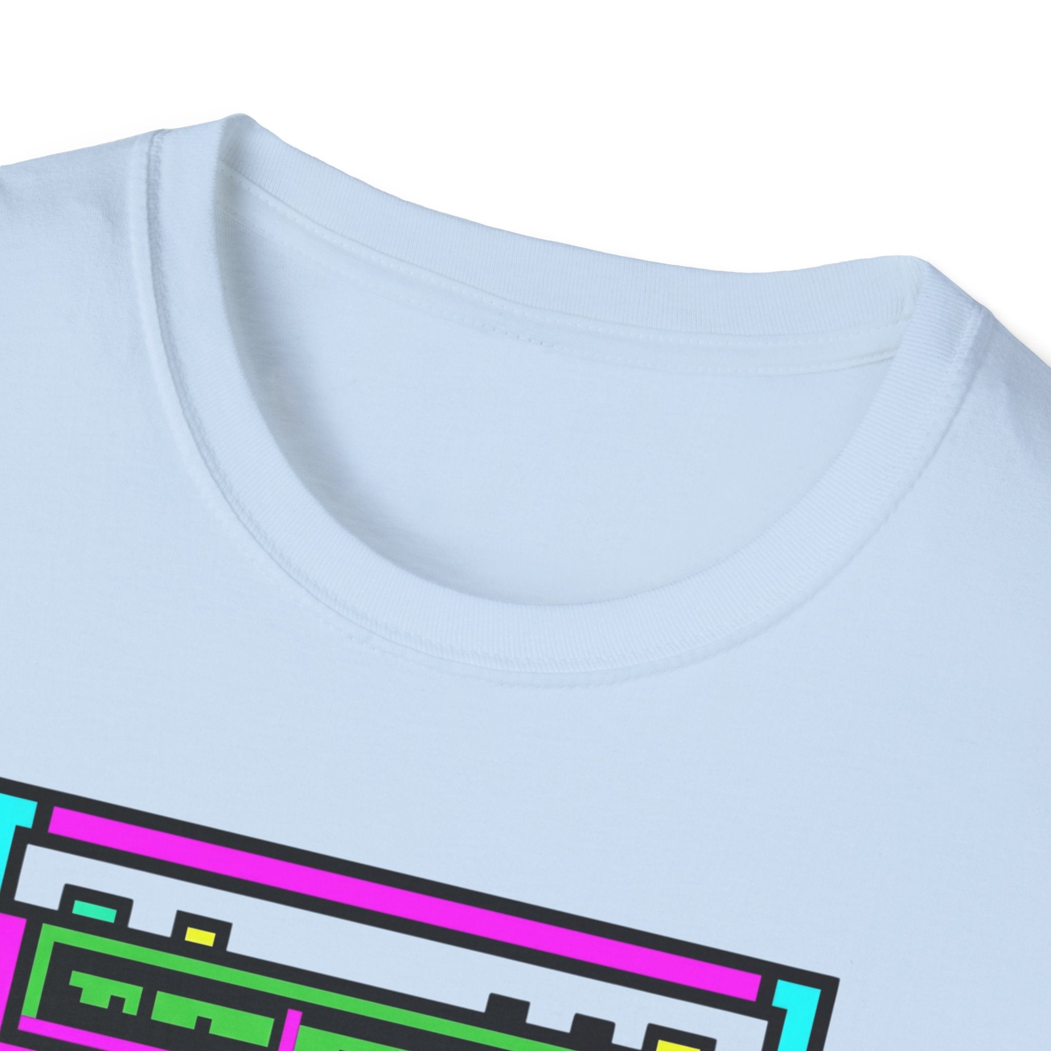 Retro Boombox T-Shirt — Neon 80s Pixel Art Graphic Tee