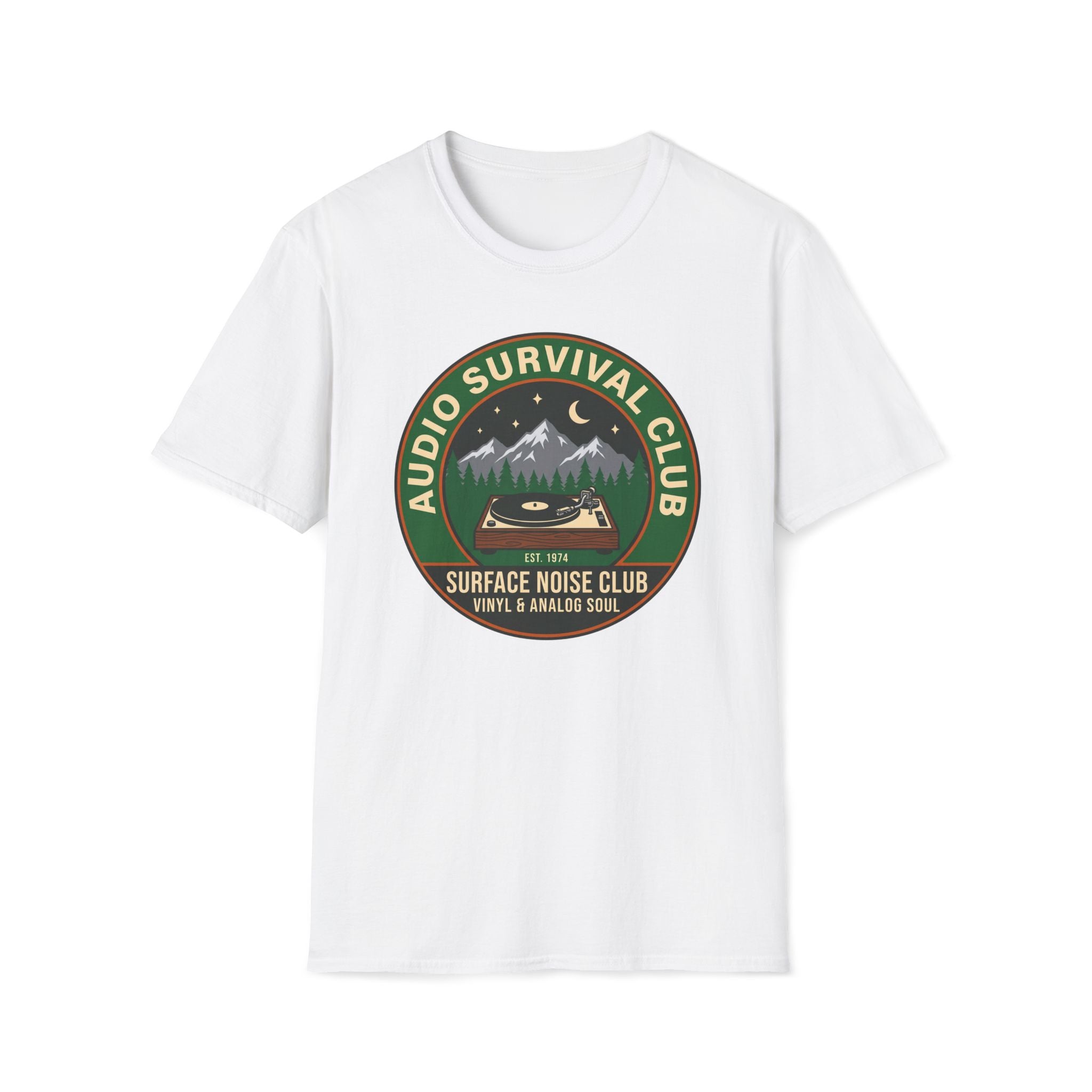 Audio Survival Club T‑Shirt — Retro Mountain Turntable Graphic