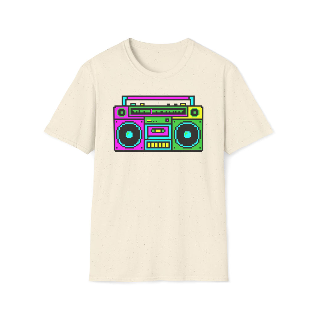 Retro Boombox T-Shirt — Neon 80s Pixel Art Graphic Tee