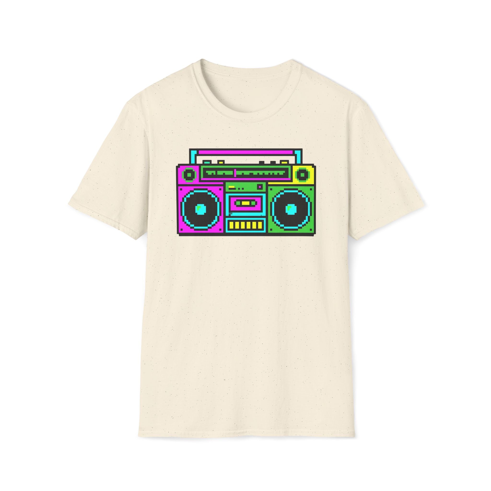 Retro Boombox T-Shirt — Neon 80s Pixel Art Graphic Tee