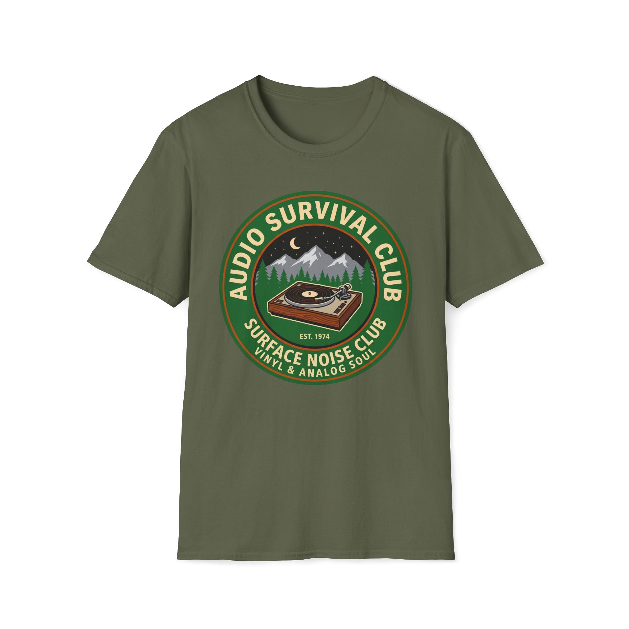 Audio Survival Club T-Shirt — Retro Turntable Camping Badge