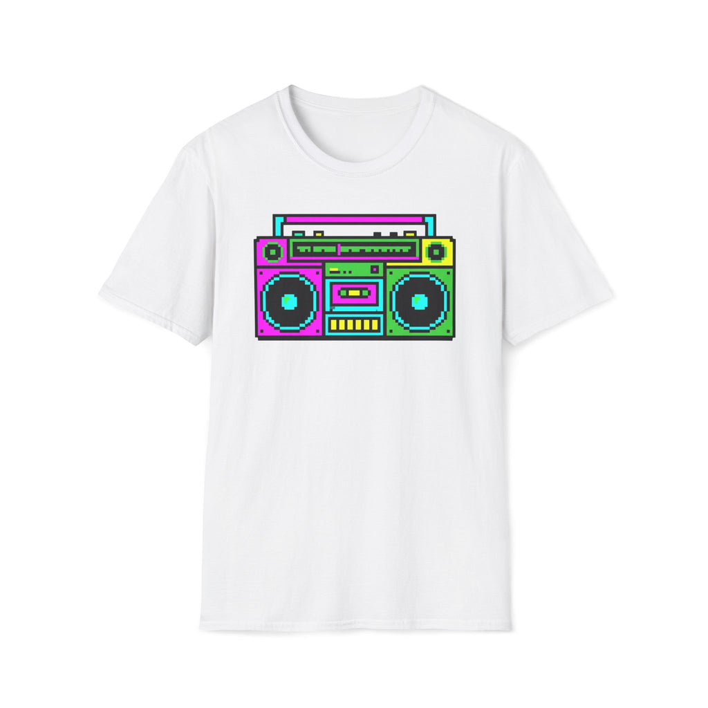 Retro Boombox T-Shirt — Neon 80s Pixel Art Graphic Tee