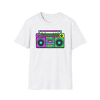 Retro Boombox T-Shirt — Neon 80s Pixel Art Graphic Tee