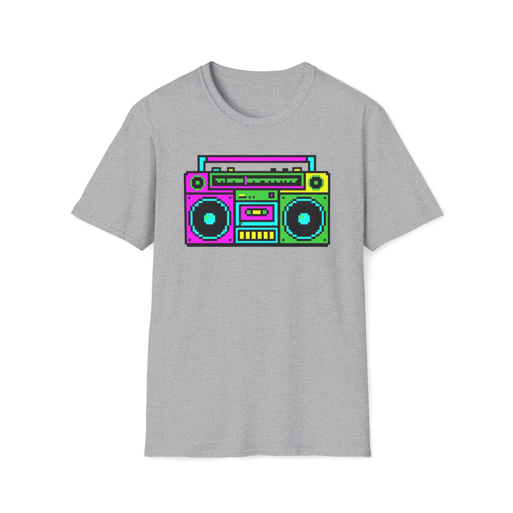 Retro Boombox T-Shirt — Neon 80s Pixel Art Graphic Tee