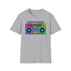 Retro Boombox T-Shirt — Neon 80s Pixel Art Graphic Tee