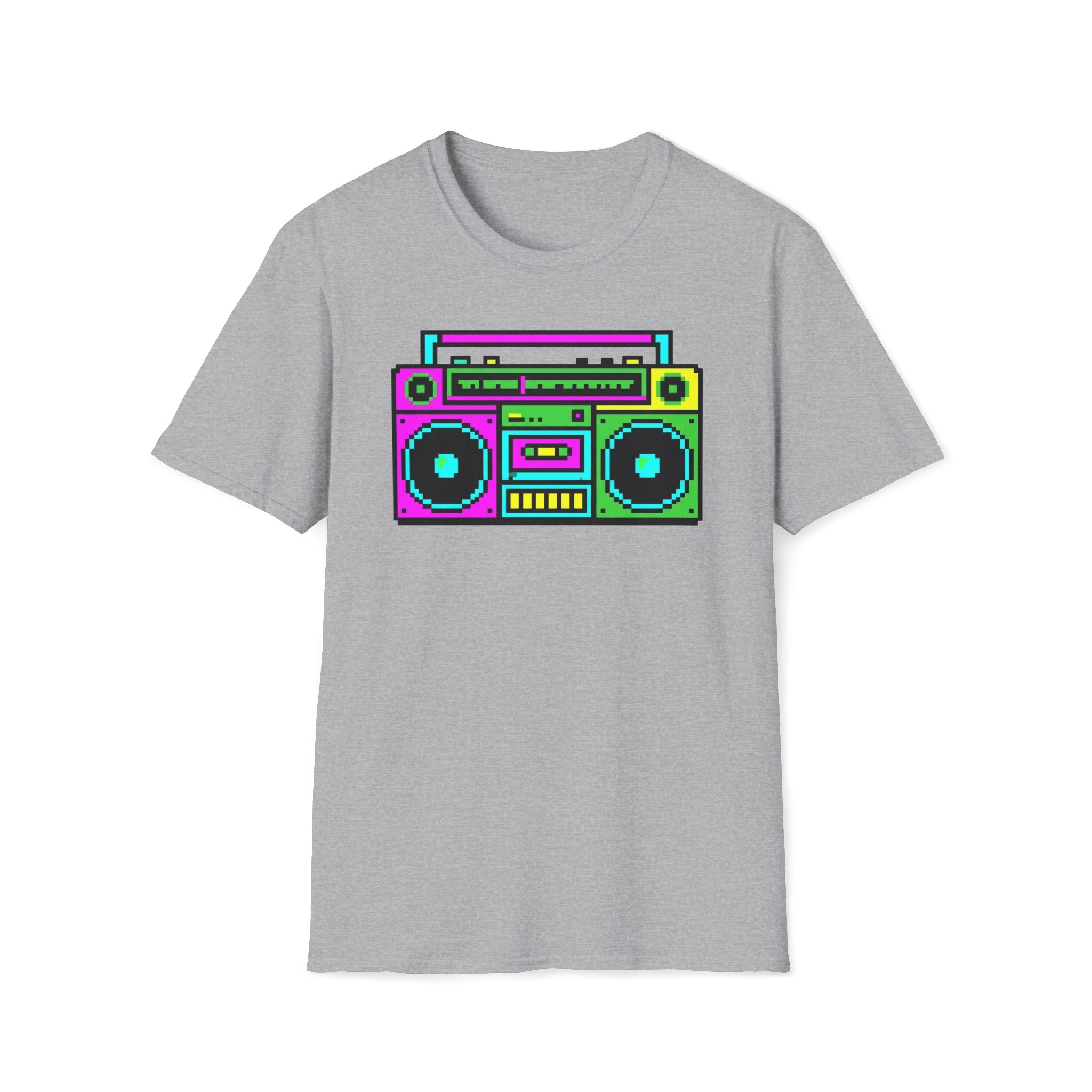 Retro Boombox T-Shirt — Neon 80s Pixel Art Graphic Tee