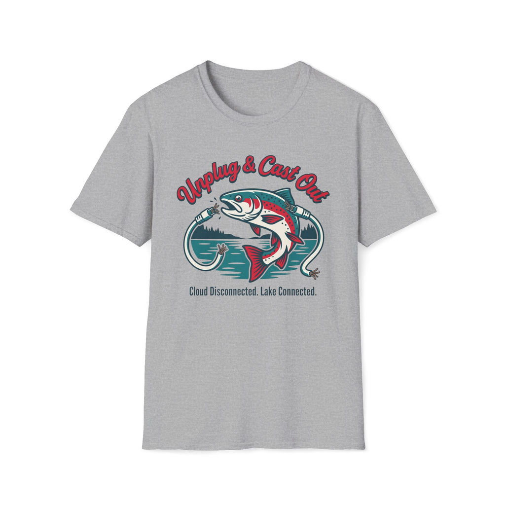 Fishing T-Shirt — "Unplug & Cast Out" Retro Trout Graphic Tee