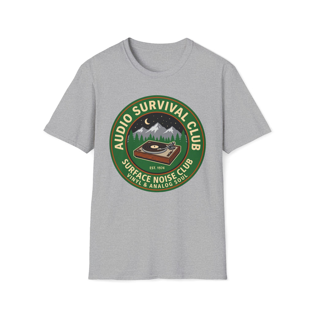 Audio Survival Club T-Shirt — Retro Turntable Camping Badge