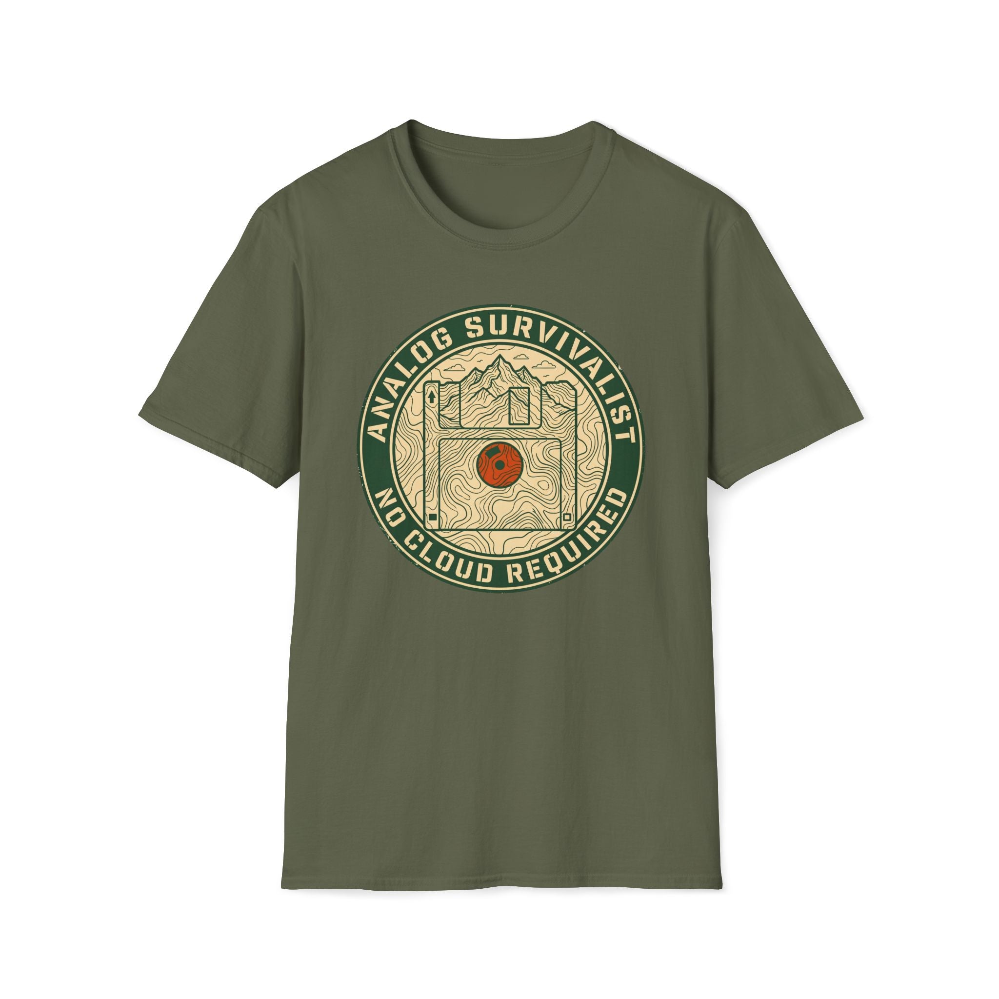 Analog Survivalist T-Shirt — Vintage Outdoor Hiking Record Player Design (No Cloud Required)