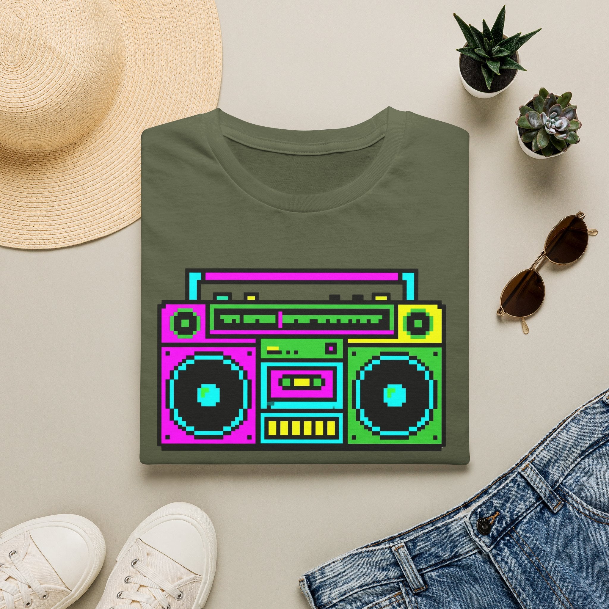 Retro Boombox T-Shirt — Neon 80s Pixel Art Graphic Tee