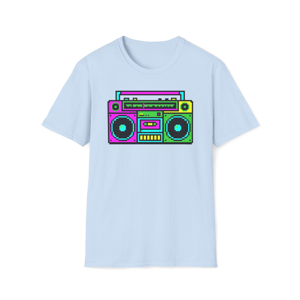 Retro Boombox T-Shirt — Neon 80s Pixel Art Graphic Tee