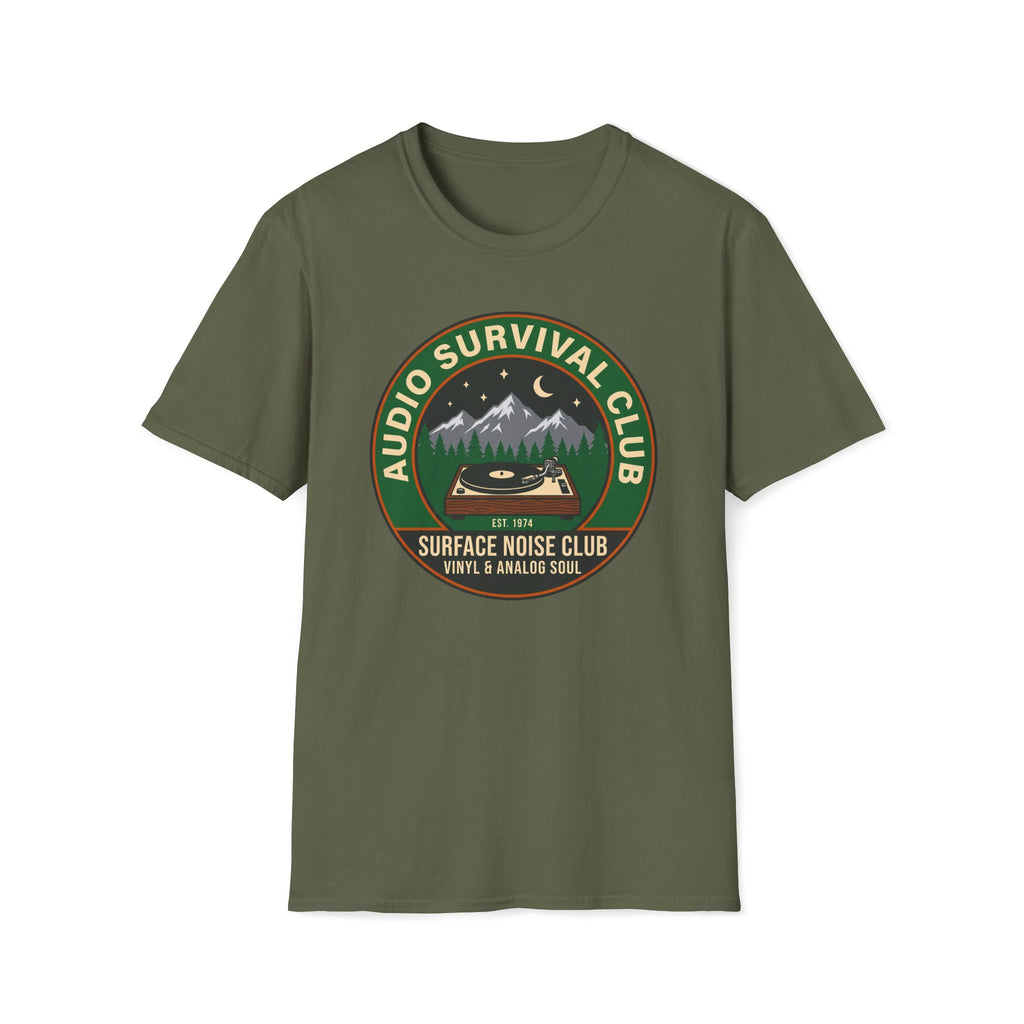 Audio Survival Club T‑Shirt — Retro Mountain Turntable Graphic
