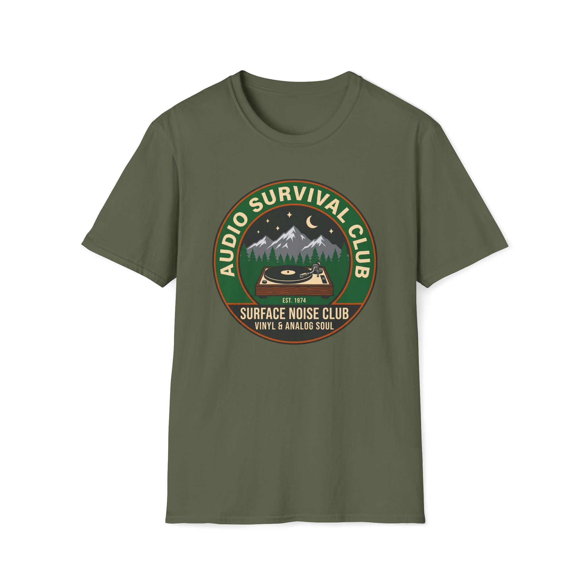 Audio Survival Club T‑Shirt — Retro Mountain Turntable Graphic